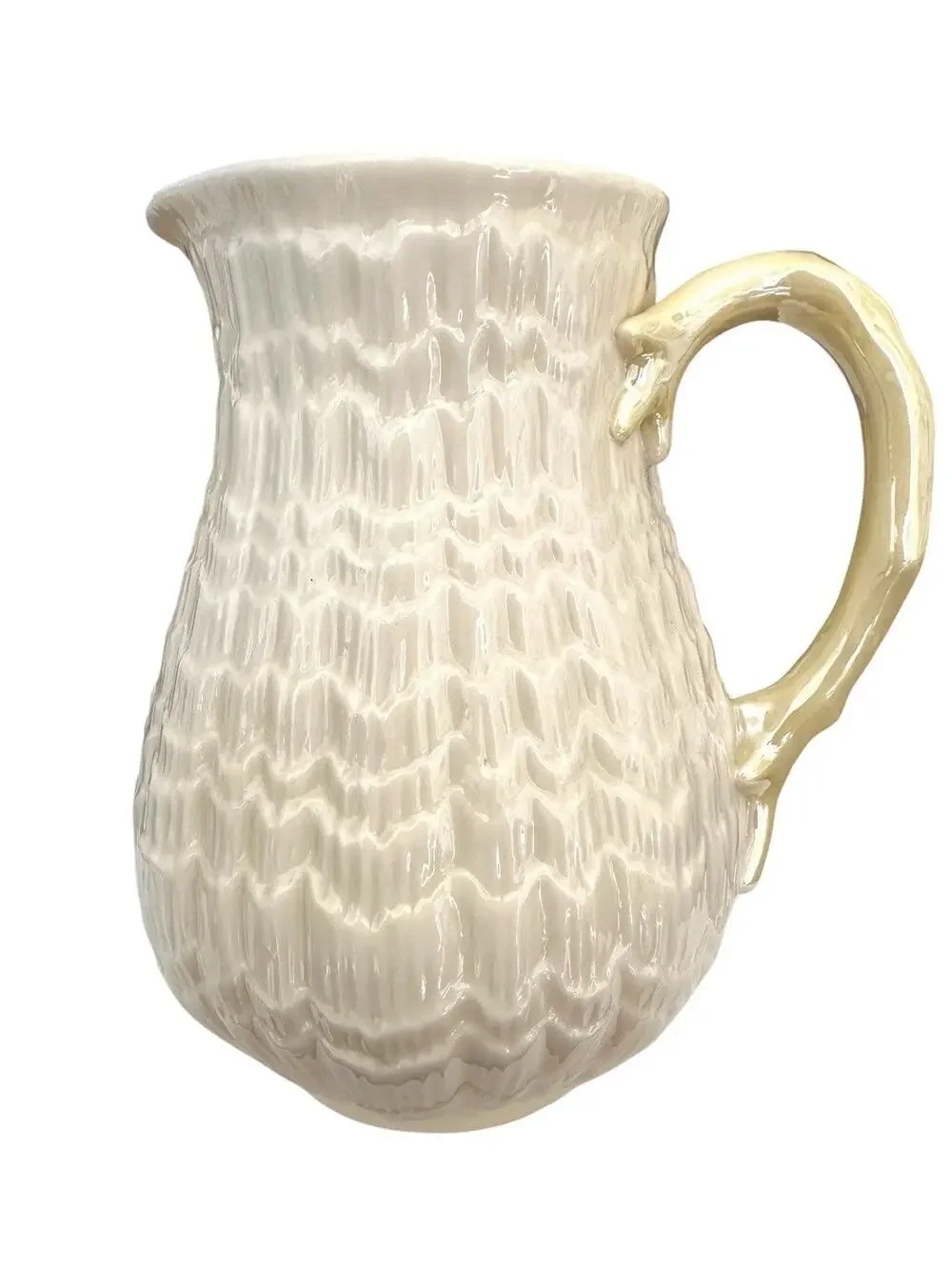 Belleek Ireland Tridacna Yellow Handle 18 Oz Milk Jug Pitcher 5th Green Mark EUC
